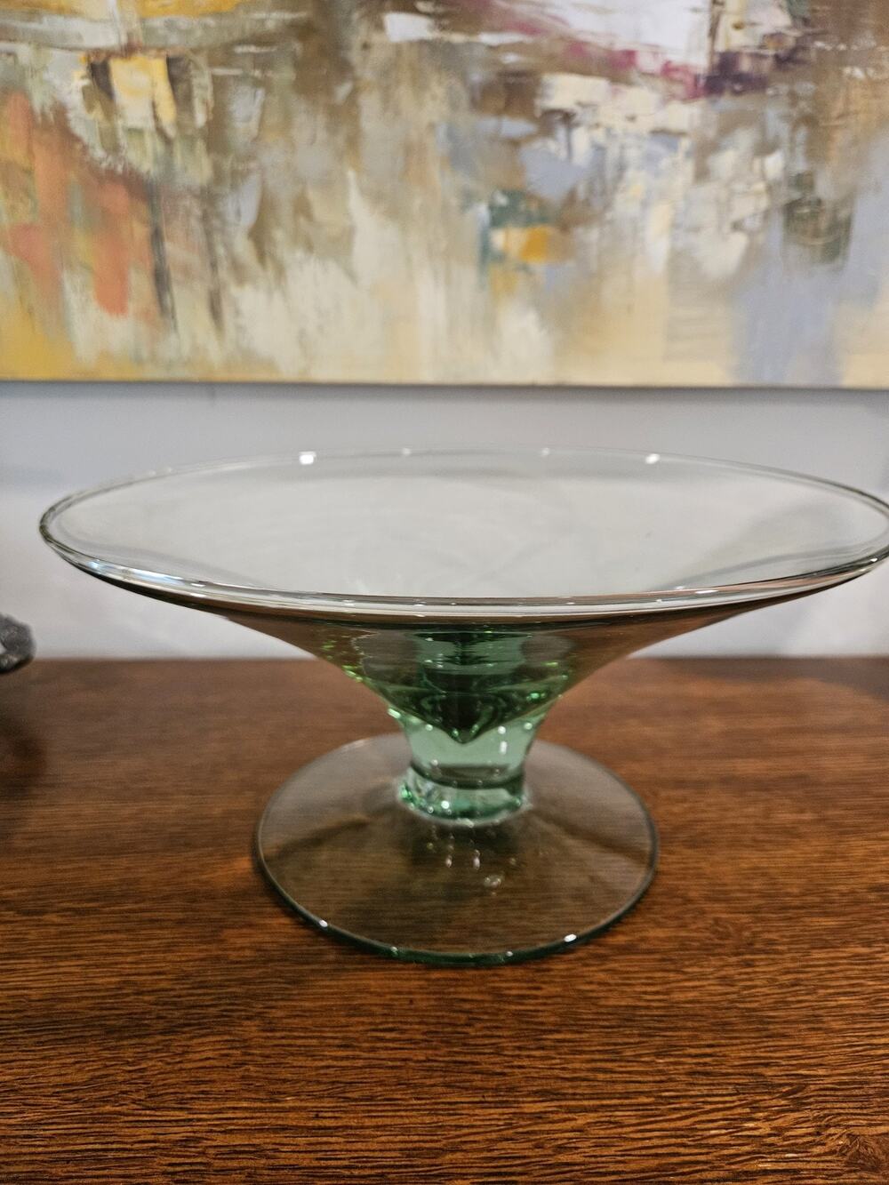 Large PEDESTAL WHIRLPOOL BOWL light soft GREEN clear Glass Hand blown unique Vtg